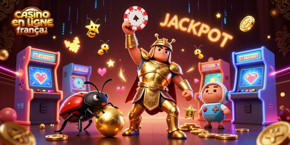 Visuel dynamique de héros de casino en ligne français célébrant un jackpot avec des symboles de jeu animés.