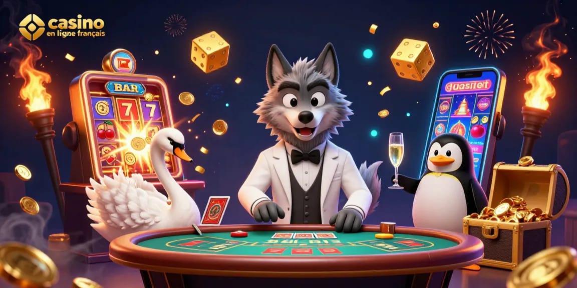 Illuminez votre expérience de casino en ligne français avec un loup élégant et une scène de célébration dynamique.