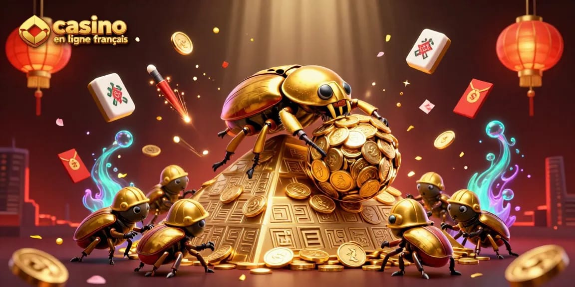 Découvrez le monde coloré des jeux de casino en ligne français avec des éléments vibrants et riches en or.