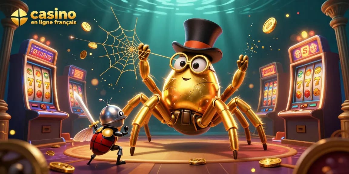 Profitez des jeux captivants dans un casino en ligne français avec des personnages ludiques et des machines à sous dorées.