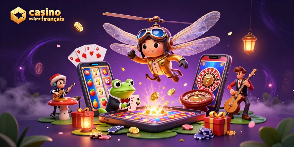 Gagnez au casino en ligne français avec l'illustration dynamique d'un chef d'orchestre libellule et d'un croupier grenouille.