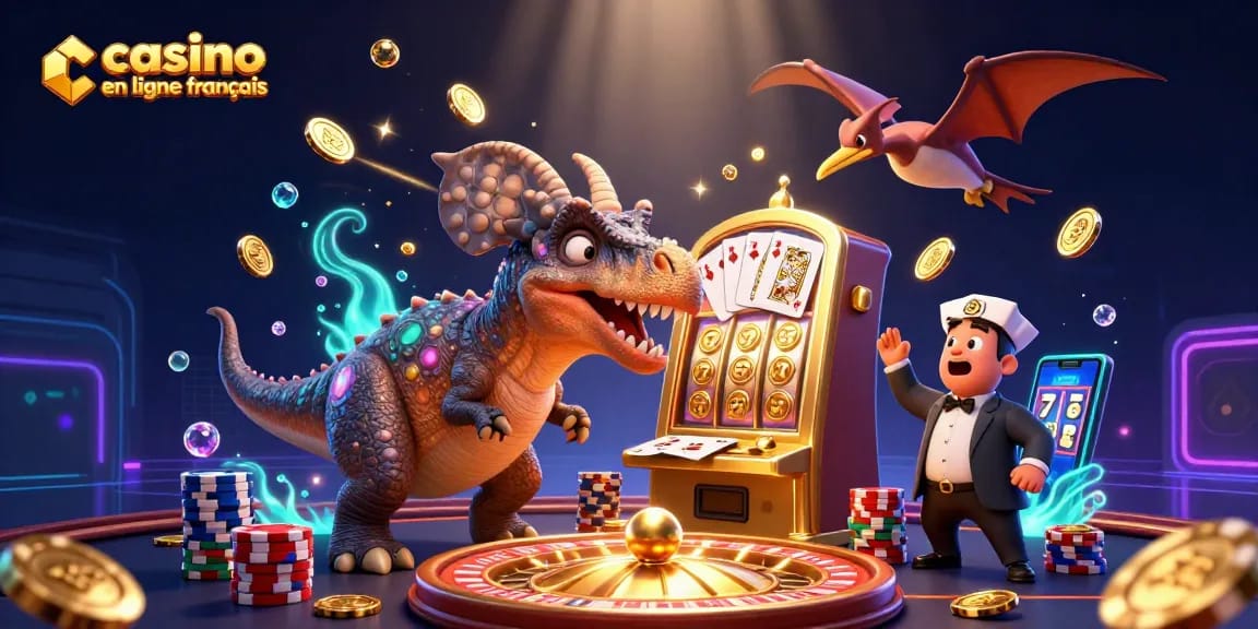 Retrouvez l'excitation du casino en ligne français avec une scène animée de dinosaures et de machines à sous!