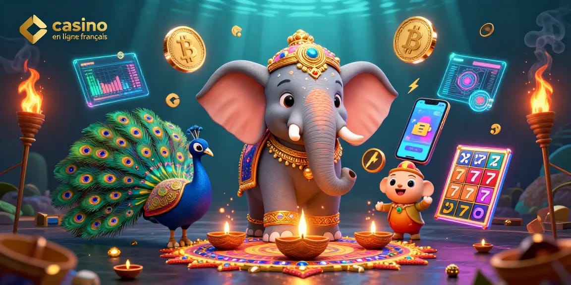 Jouer à des jeux passionnants sur casino en ligne français avec un éléphant Diwali coloré et des éléments de crypto-monnaie.