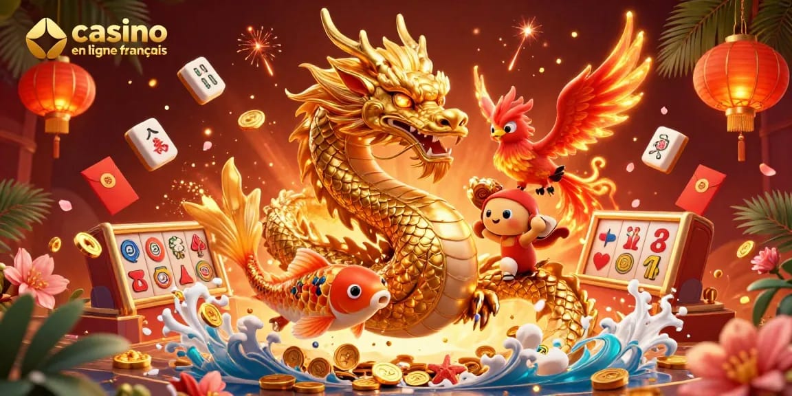 Jouez sur casino en ligne français avec un dragon doré, un phoenix et des pièces offertes.