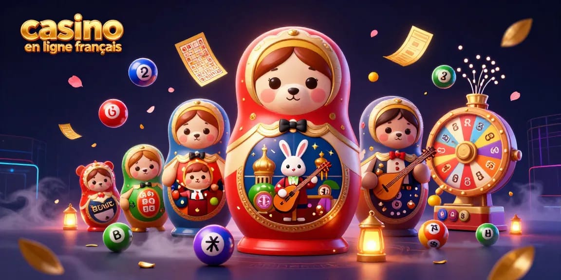 Illustration dynamique de casino en ligne français avec des ours et des éléments de jeu