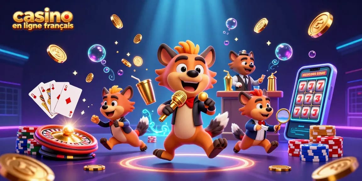 Les hyènes animées présentent leur club de casino en ligne français rempli de pièces d'or et de gemmes éclatantes.