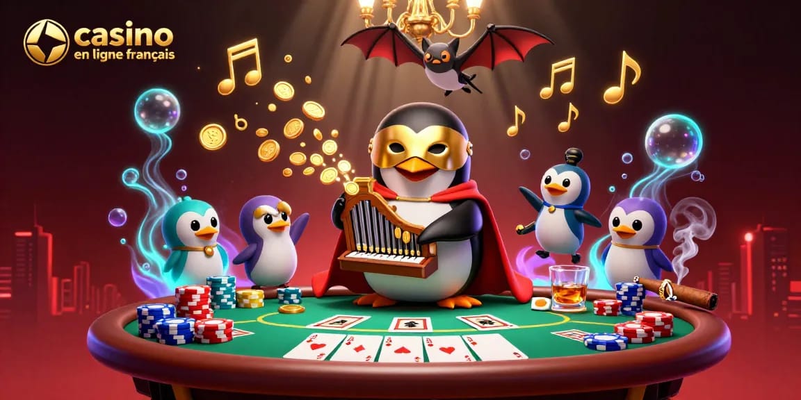 Illustration dynamique du casino en ligne français avec un pingouin fantôme, des pièces dorées et des éléments de poker.