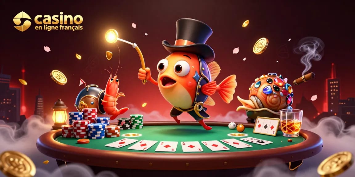 Plongez dans l'univers du casino en ligne français avec une illustration vibrante d'un poisson-lanterne haut-de-forme attirant des pièces d'or.