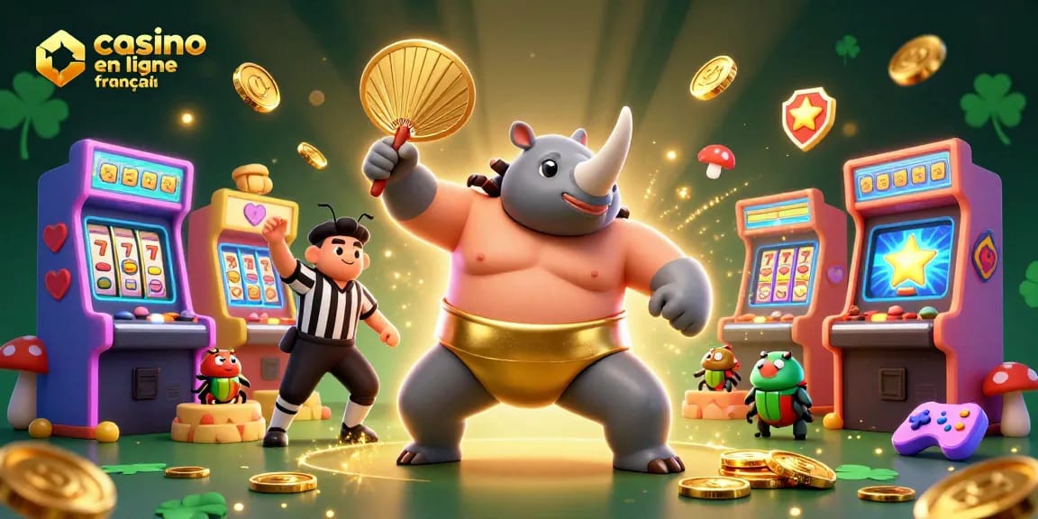 Jouer au casino en ligne français avec un sumo rhinocéros qui envoie des pièces d'or volantes.