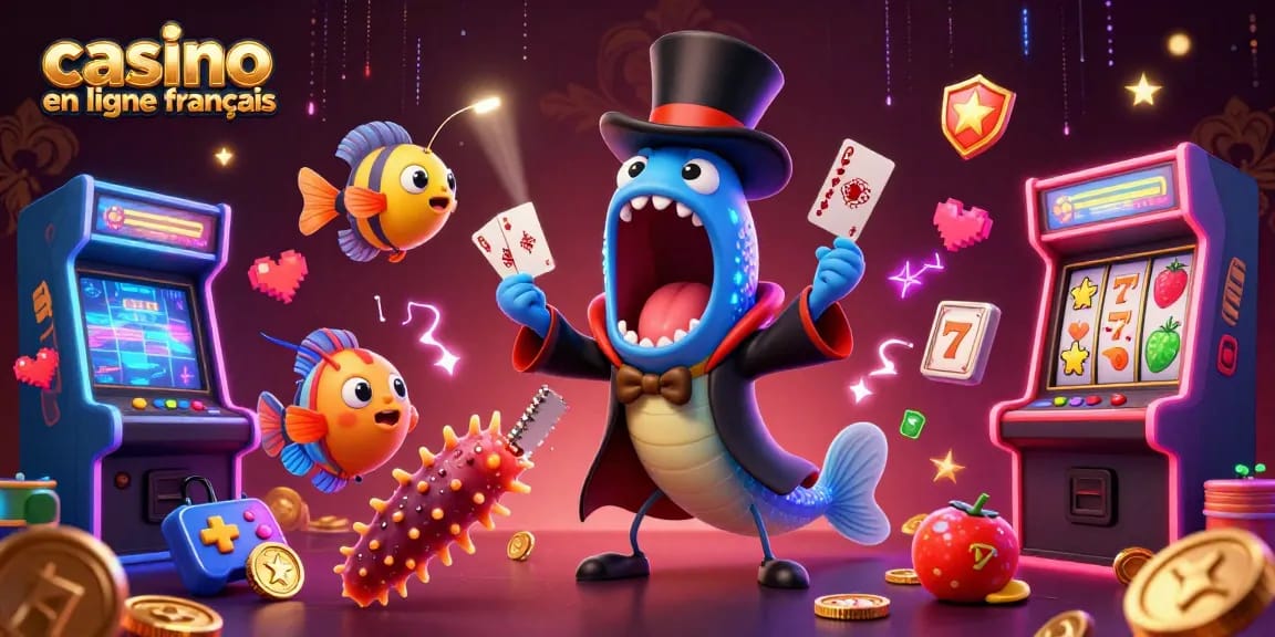 Illustrez votre expérience de casino en ligne français avec des anguilles et des jeux colorés.