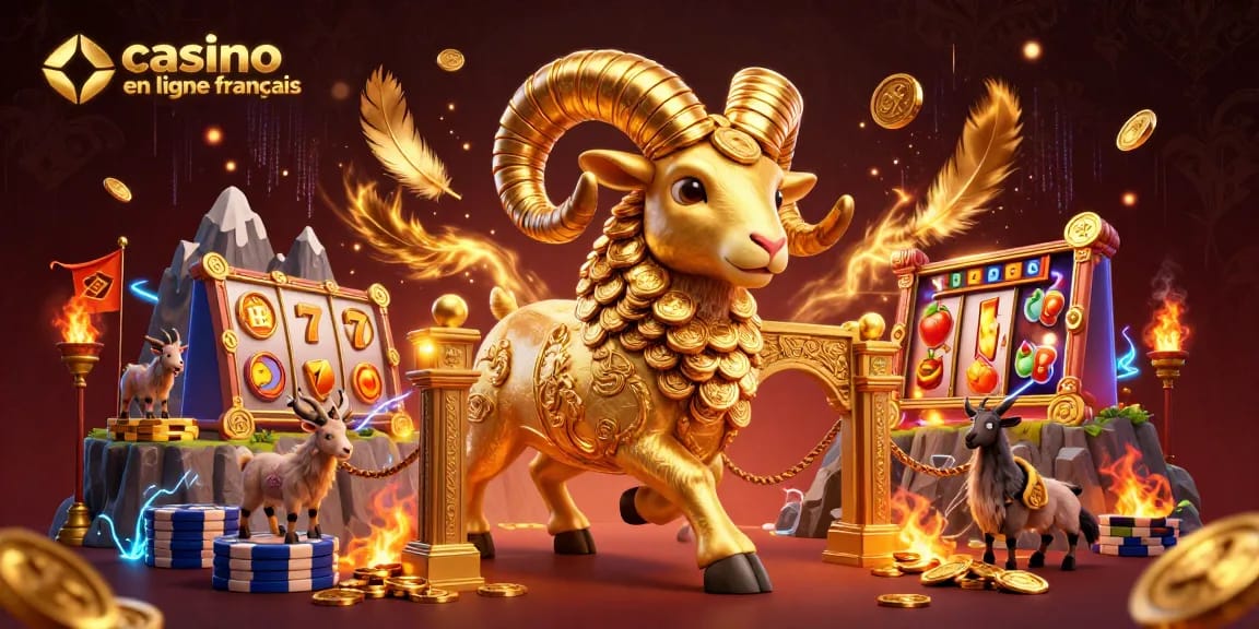 Jouer à un casino en ligne français avec un bélier doré symbolisant la fortune et les gains.