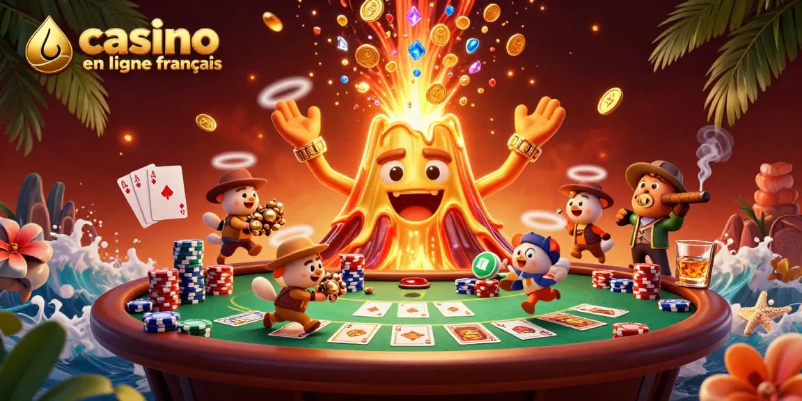 Image d'une scène dynamique de casino en ligne français avec un volcan en or et des animaux explorateurs.
