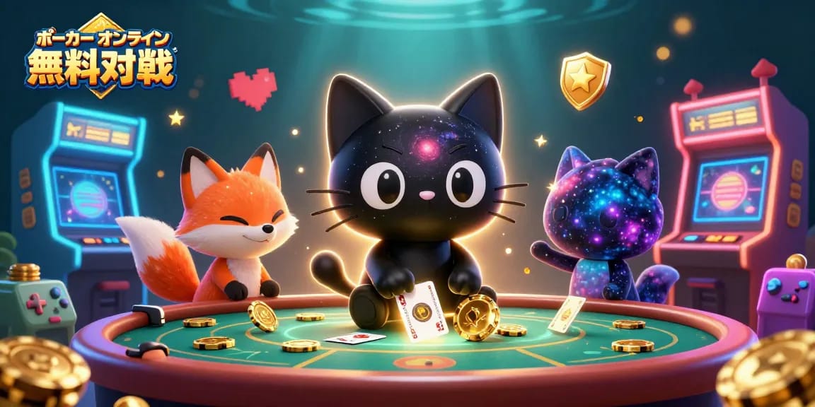 ポーカーオンライン無料対戦を楽しむ、可愛い猫と狐のイラスト。
