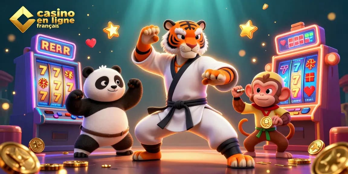 Illustration représentant un tigre de kung-fu et un panda dans l'univers des jeux de casino en ligne français, dynamique et coloré.