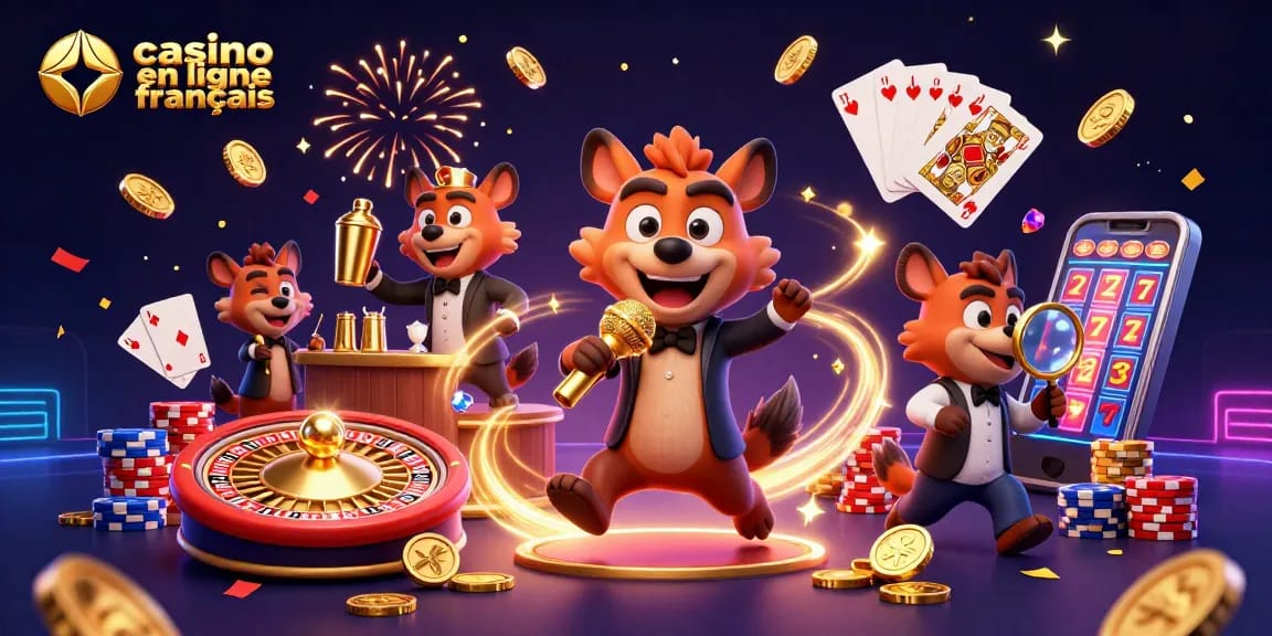 Profitez d'une animation de casino en ligne français avec des hyènes comiques et des jeux de lumière fascinants.