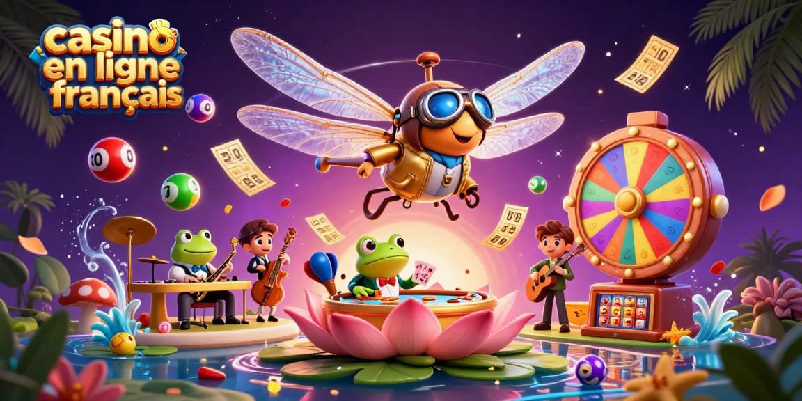 Illustration dynamique de casino en ligne français avec un pilote hélicoptère, un croupier grenouille et des musiciens
