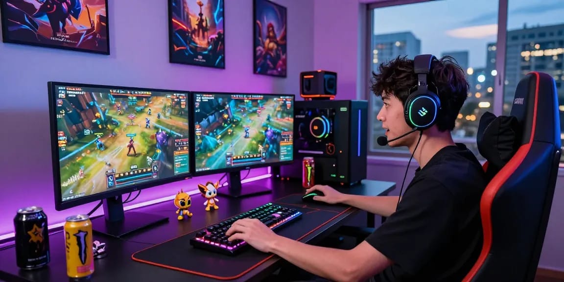 rokok88 gaming scene with player focused on multiple screens in dynamic environment