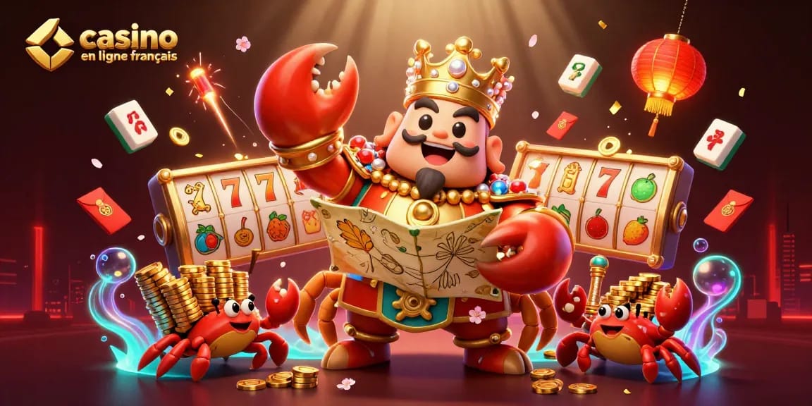 Participer à des jeux de casino en ligne français avec un crabe empereur doré et des jetons de casino.