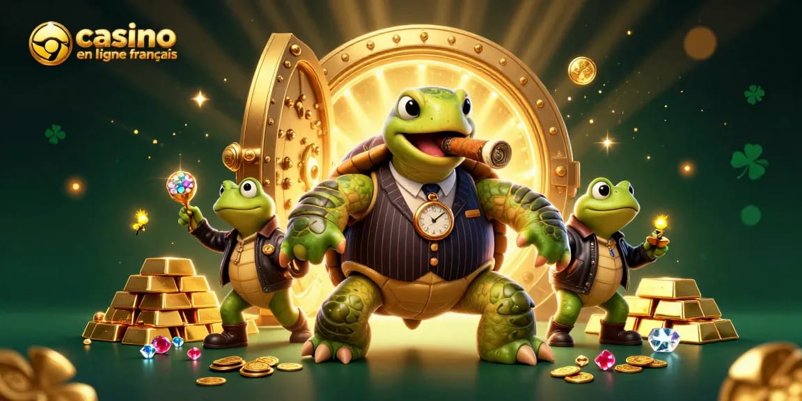 Illustration 3D d'une tortue massive en costume mafieux mise en scène de casino en ligne français.