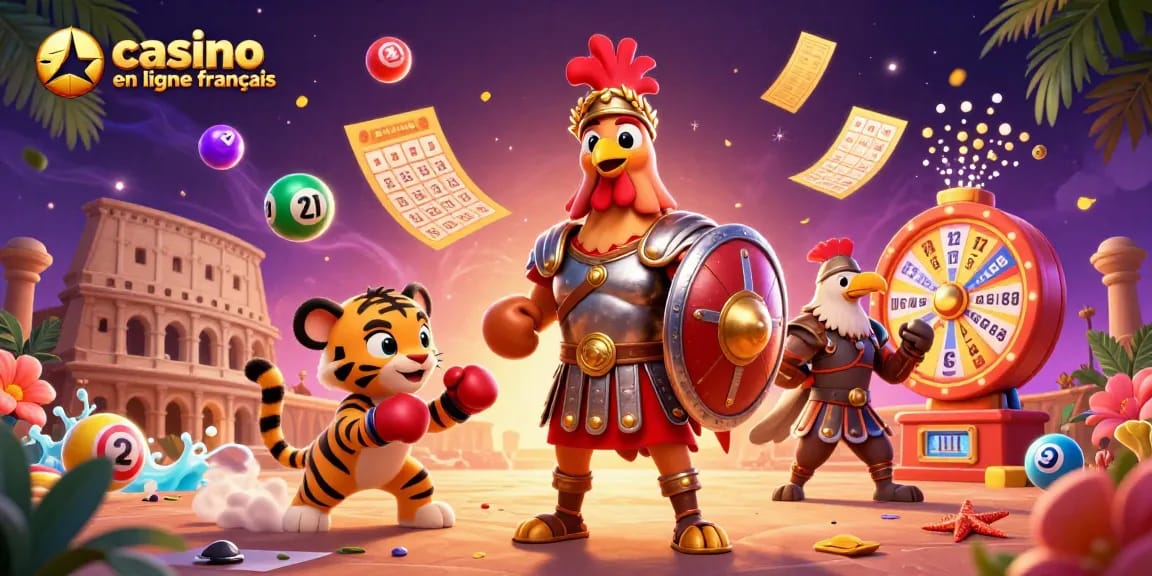 Découvrez le casino en ligne français avec un coq gladiateur et un tigre cub tout en jouant à la loterie.