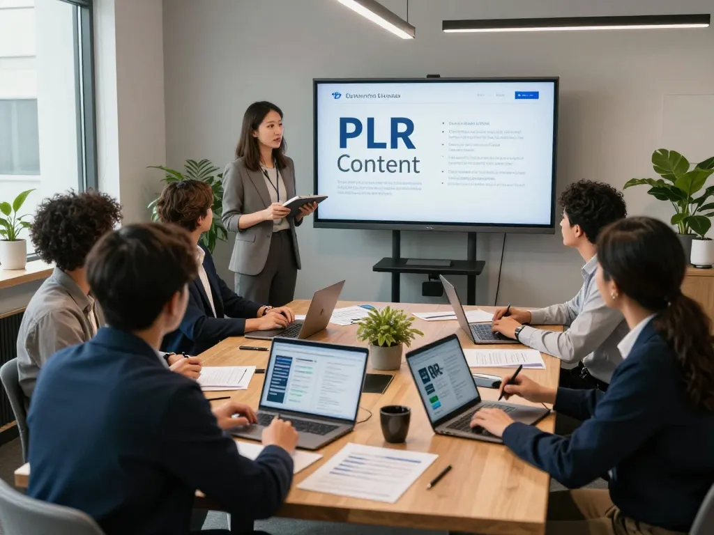 Team collaboration discussing how to Purchase PLR Content in a modern office setting.