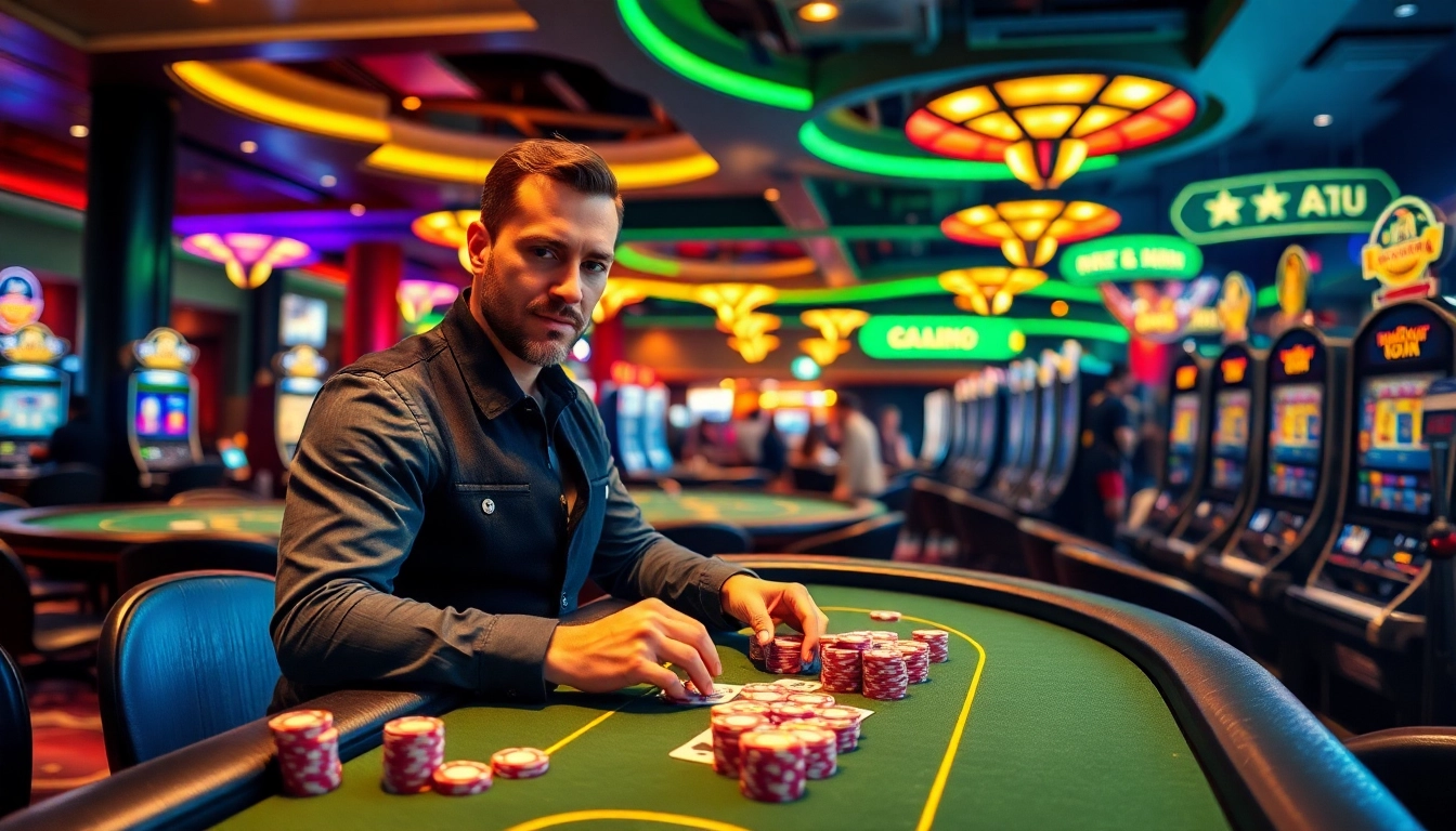 Permainan kasino bbni4d dengan pemain bersemangat di meja poker, suasana energik.