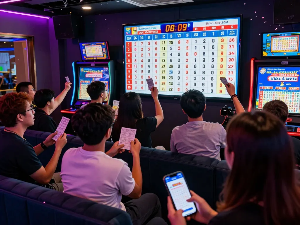Hongkong Lotto live draw with excited bettors checking tickets and winning numbers in a vibrant gaming lounge.