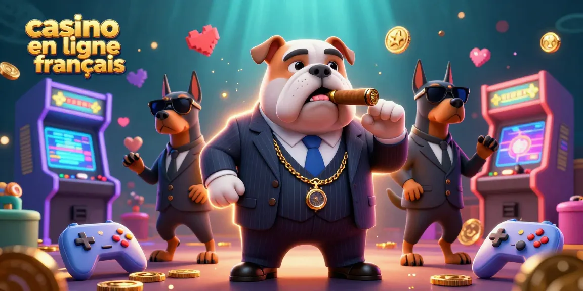 Illustration 3D captivante de casino en ligne français, mettant en scène un bulldog mafieux entouré de machines à sous lumineuses.