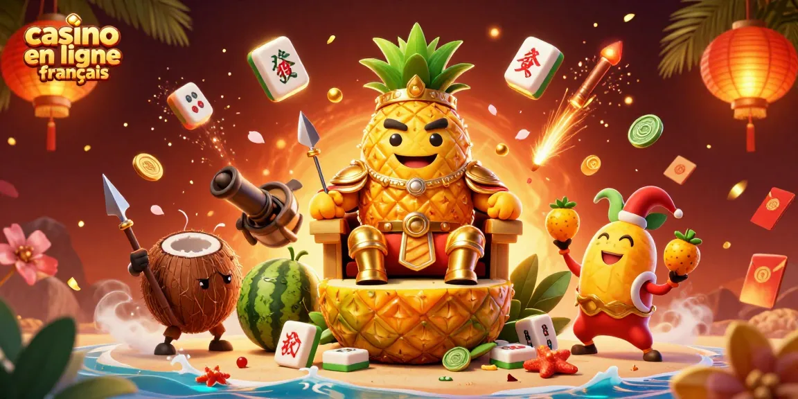 Découvrez la magie du casino en ligne français avec une illustration d'un roi ananas et ses gardes.