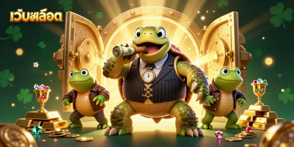 Experience the excitement of เว็บสล็อต with a vibrant 3D illustration featuring dynamic casino elements.