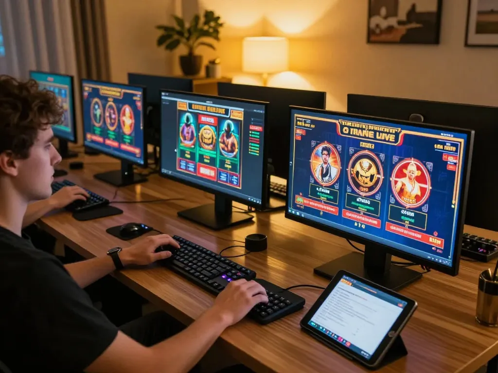 Engaging in khuyến mãi Jun88 with an online gaming setup showcasing vibrant casino slots on multiple screens