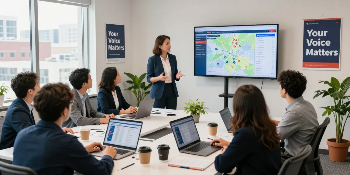 People collaborating in a political fundraising platform office, analyzing voter data and campaign strategies.