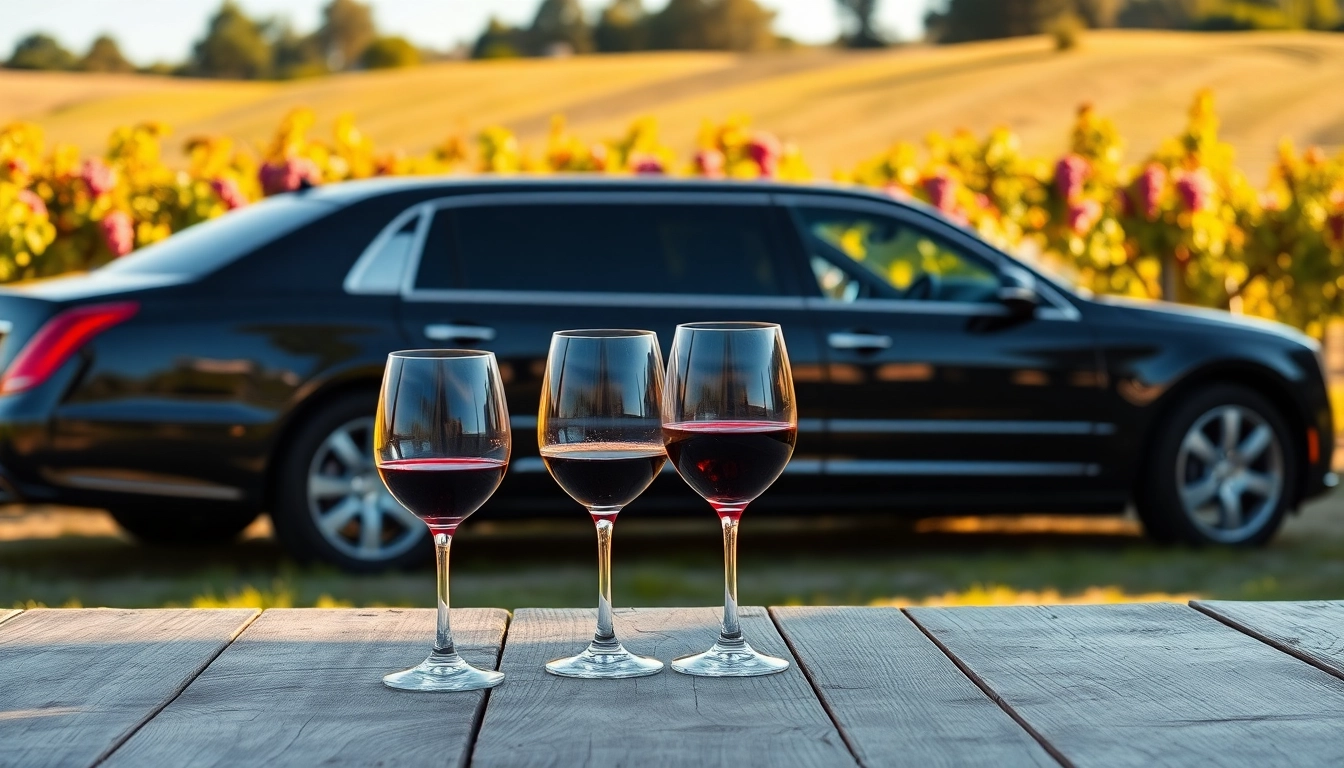 Experience a winery limo service with a luxurious black limousine in a stunning vineyard setting.