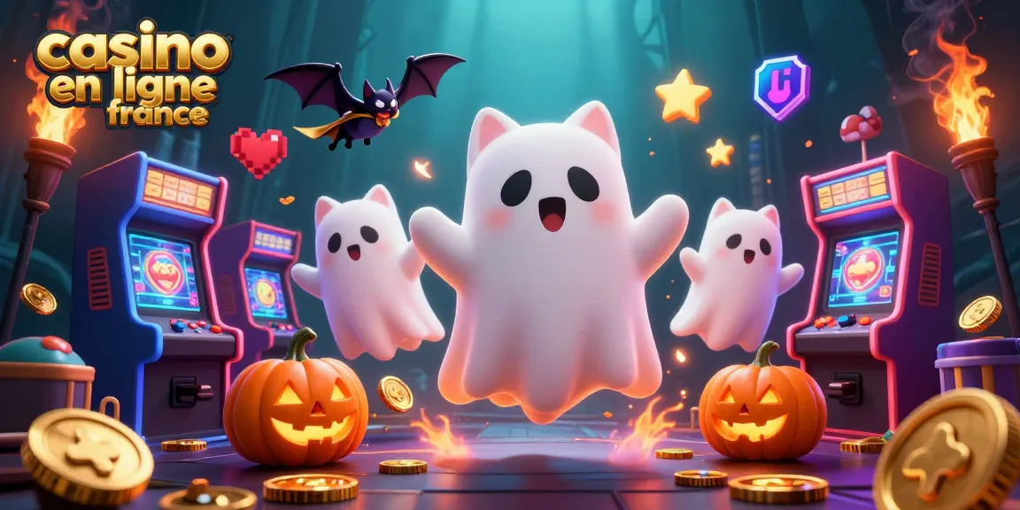Jouez aux jeux captivants du casino en ligne France, une scène festive avec un chat fantôme et une chauve-souris.