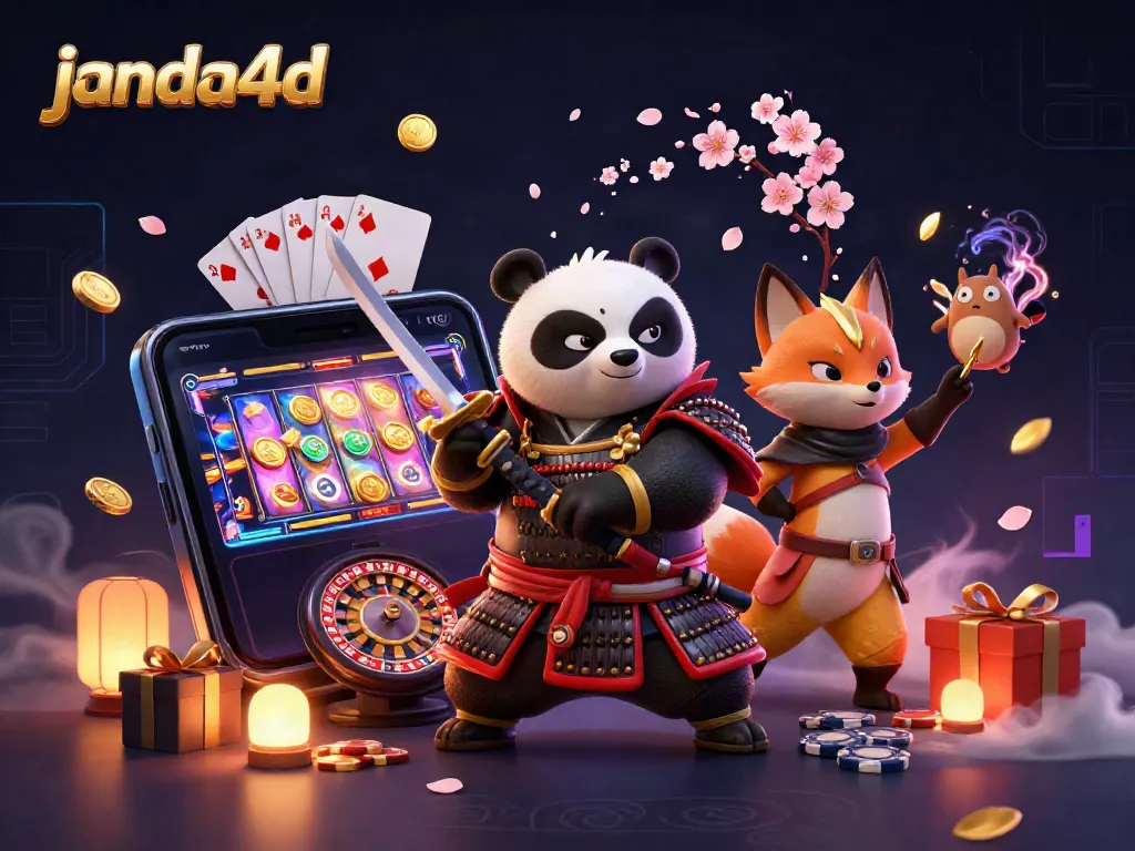 Ilustrasi 3D janda4d dengan panda samurai dan ninja rubah dalam permainan slot