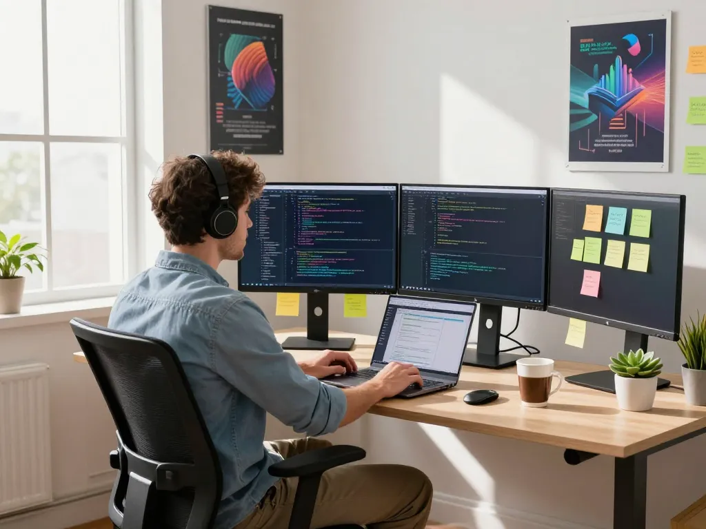 Productive workspace featuring a developer using clawdbot ai on dual monitors in a bright office.
