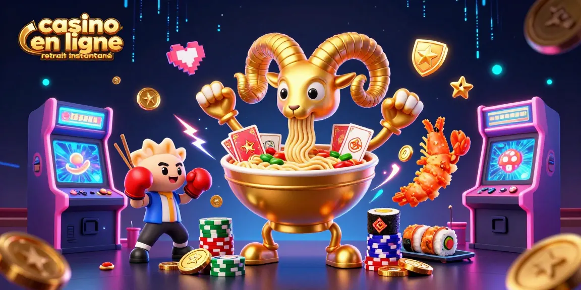 Illustration dynamique de casino en ligne retrait instantané avec un bol de ramen et des personnages, ambiance arcade colorée.