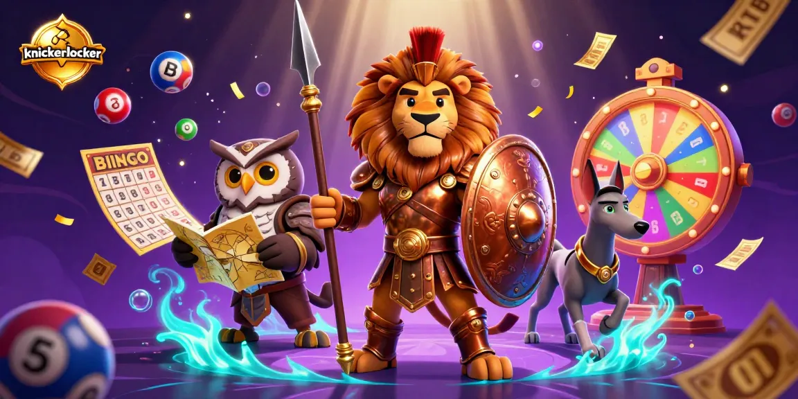 Experience thrilling gameplay with knickerlocker featuring a Spartan lion, owl strategist, and greyhound in a vibrant casino scene.