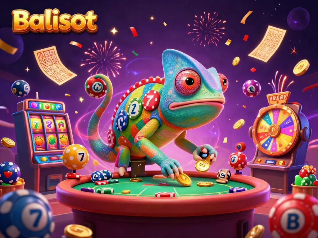 Experience the thrill of Balislot with a vibrant casino scene featuring a colorful chameleon owner and dynamic game elements.