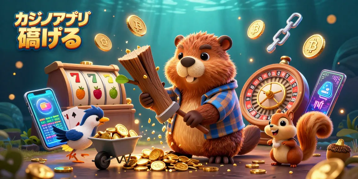 カジノアプリで稼げるゲームシーンでの金色のコインを収集するビーバーと仲間たち。