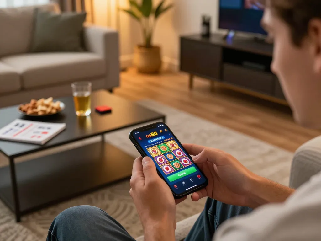Mobile gaming with uu88 app in a cozy living room setting, emphasizing a relaxed gambling experience.