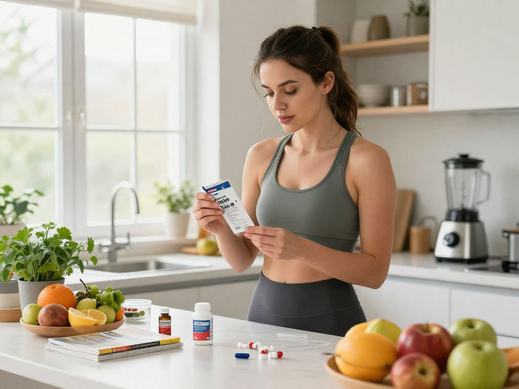 A young woman preparing a Restore Blend Peptide Buccal Strip to enhance NAD+ benefits in a bright kitchen setting.