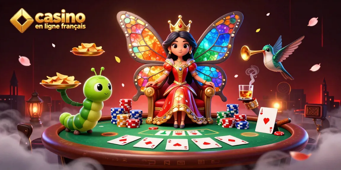 Illustration d'une reine papillon et des éléments de poker dans un casino en ligne français.