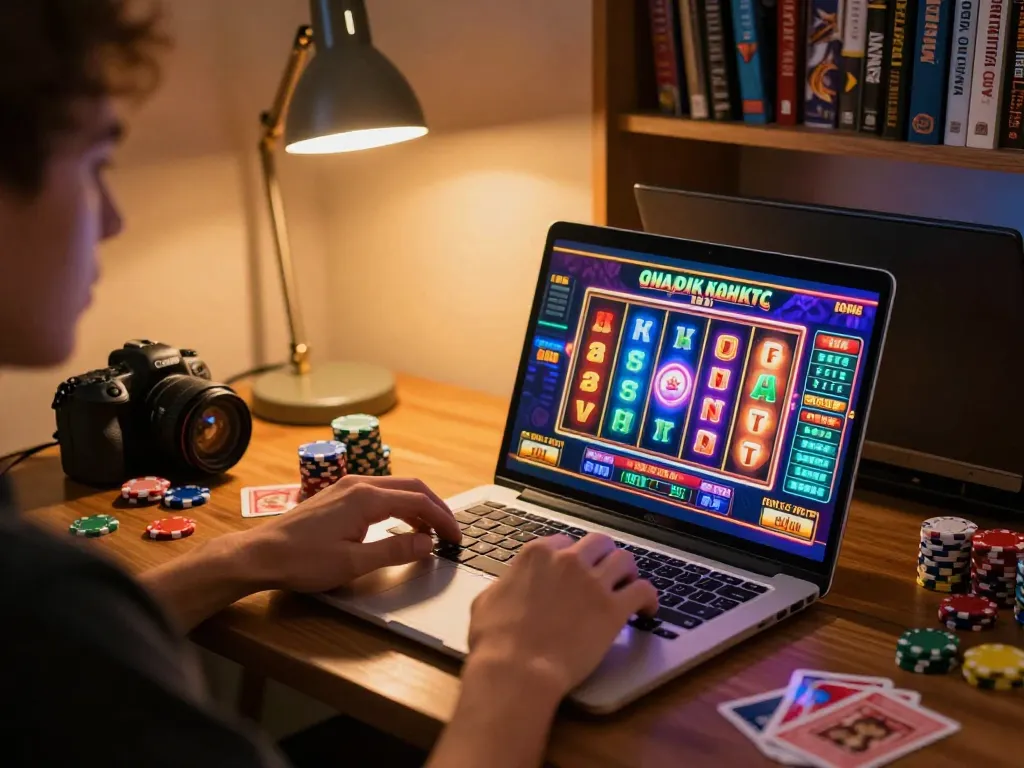 Engaging with slot online games on a laptop, capturing the excitement of virtual gambling