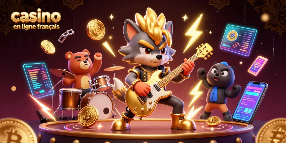 Visuels captivants d'un casino en ligne français avec un loup rock star et un ours batteur.