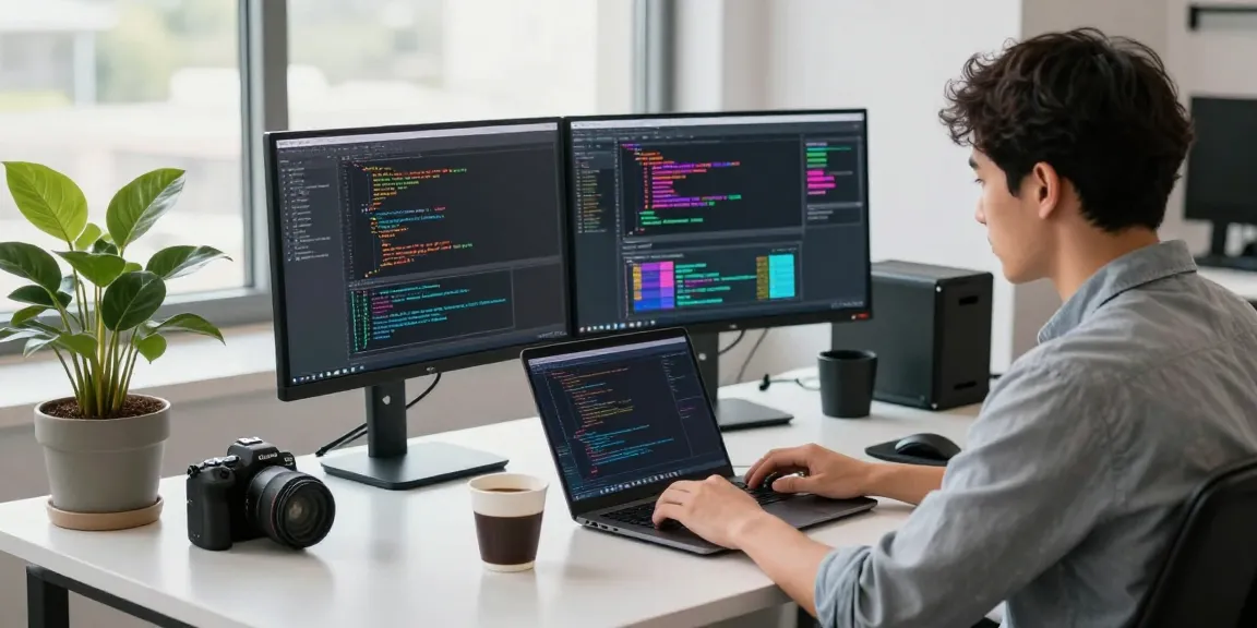 Developer exploring 纸飞机官网 at a modern workspace with dual monitors and coffee, enhancing productivity.