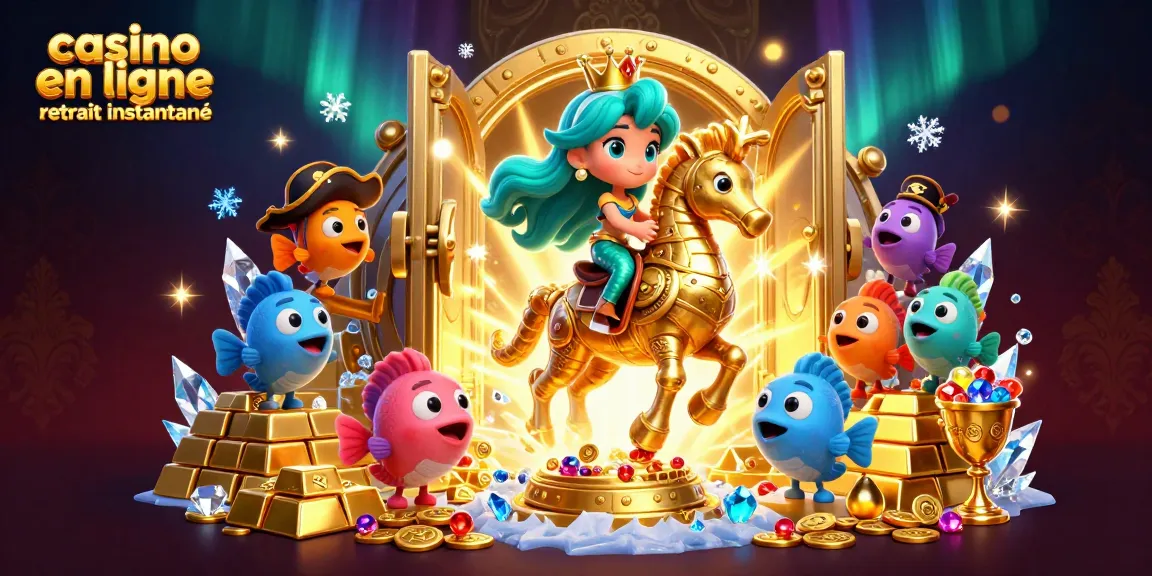 Sirène, hippocampe et poissons colorés illustrant le casino en ligne retrait instantané dans un décor flamboyant.