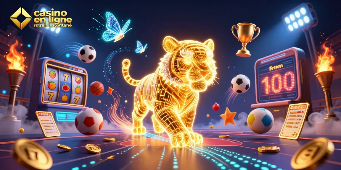 Illustration de casino en ligne retrait instantané montrant un tigre doré et des éléments de jeu vibrants.
