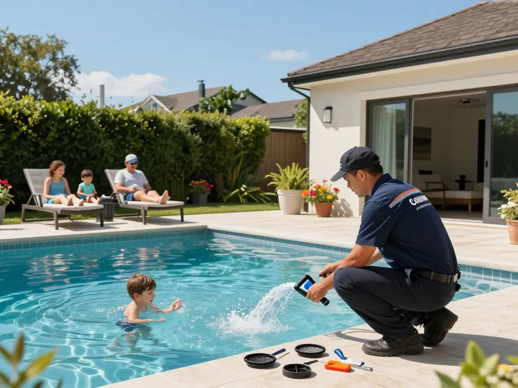 Dolphin Pool Services technician inspecting pool equipment while families enjoy their backyard oasis.