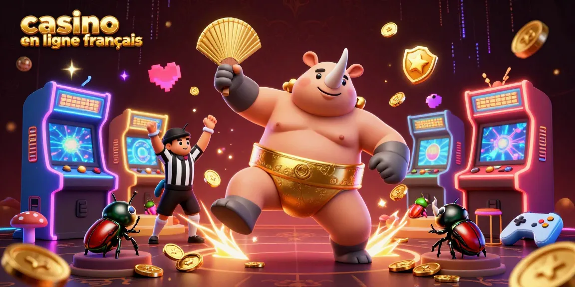 Plongez dans l'univers du casino en ligne français avec un scarabée rhinocéros champion de sumo, déversant des pièces d'or.